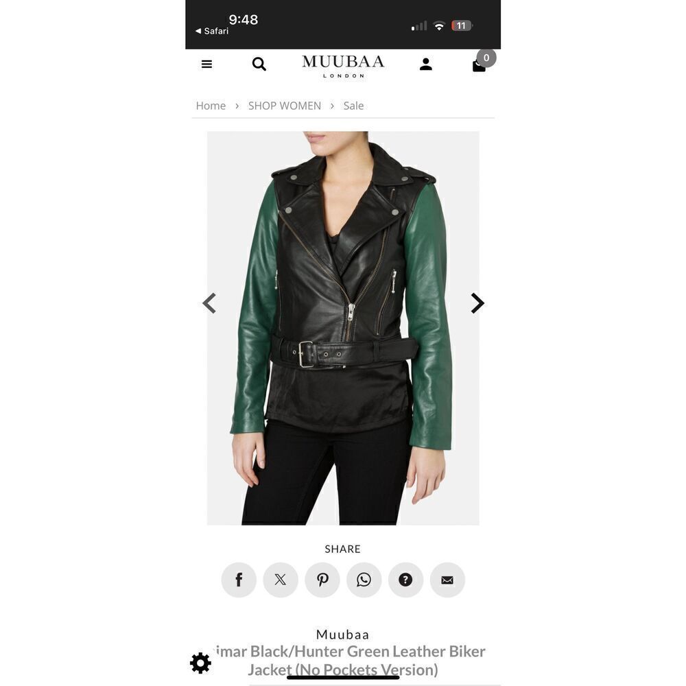 Muubaa Womens 100% Lamb Leather Jacket Size 2 Taimar Black/Hunter Green Leathe